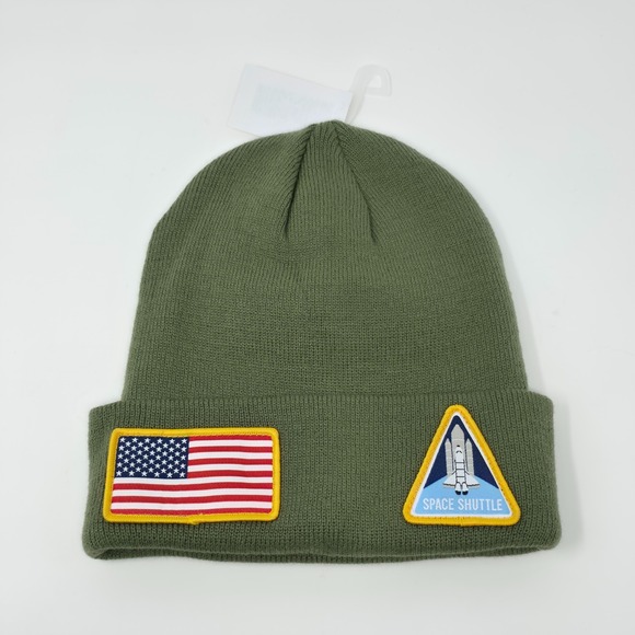 Mad Engine NASA Military Olive Green Beanie Unisex Patches US Flag Space Shuttle - Picture 2 of 4